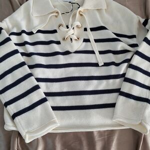 Striped Lace-Up Sweater - Cream and Black